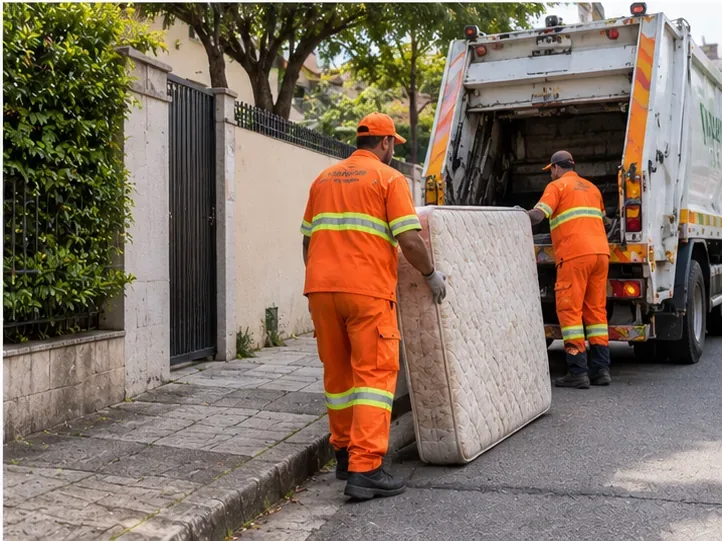 Trabalhadores de limpeza urbana carregando um colchão usado para um caminhão de coleta em uma rua residencial
