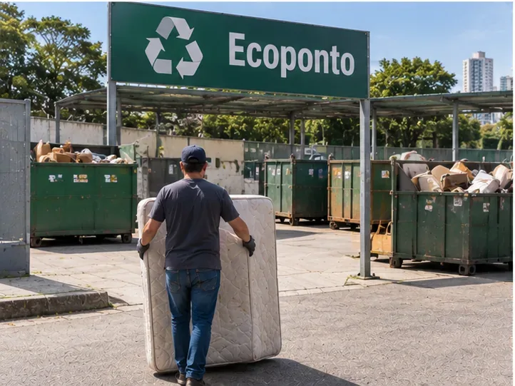 Pessoa levando um colchão usado para a área de recebimento de um Ecoponto com contêineres ao fundo