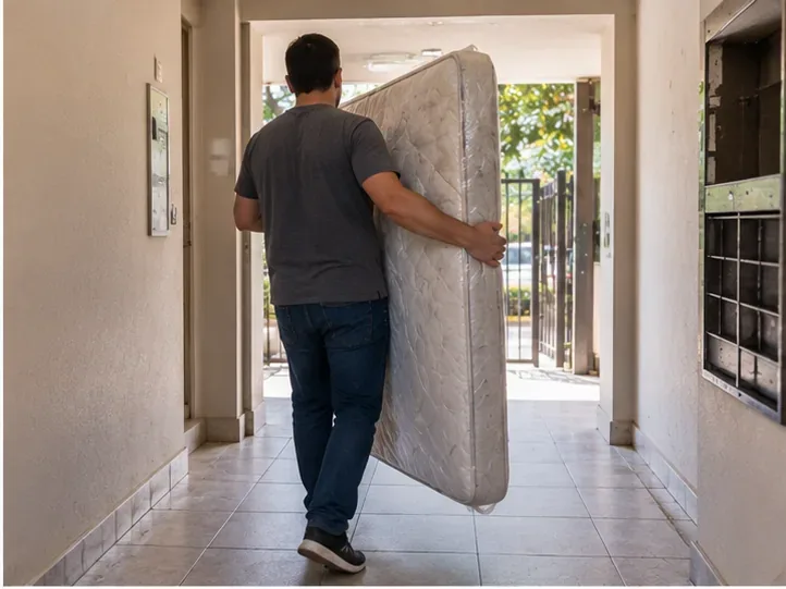 Homem transportando um colchão usado pelo corredor de um prédio em direção à saída