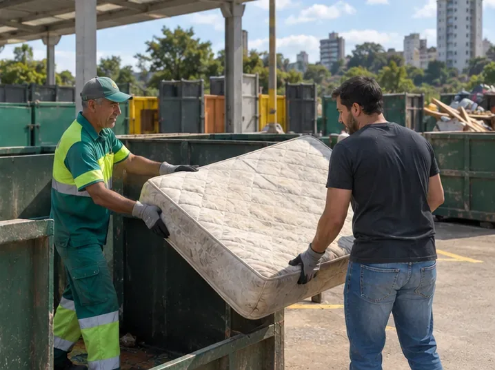 Morador e trabalhador de limpeza urbana colocando um colchão usado em área de recebimento de resíduos volumosos