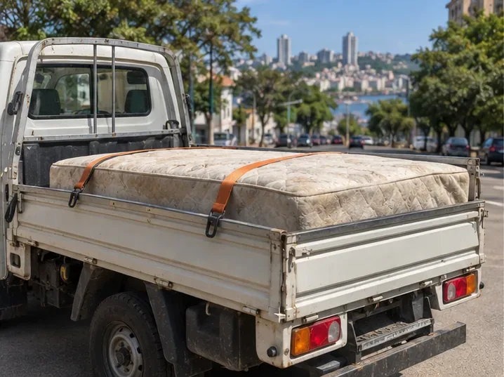 Colchão usado preso com cintas na carroceria de um veículo utilitário para transporte