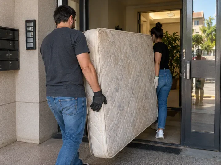 Duas pessoas usando luvas para transportar um colchão usado pela entrada de um prédio