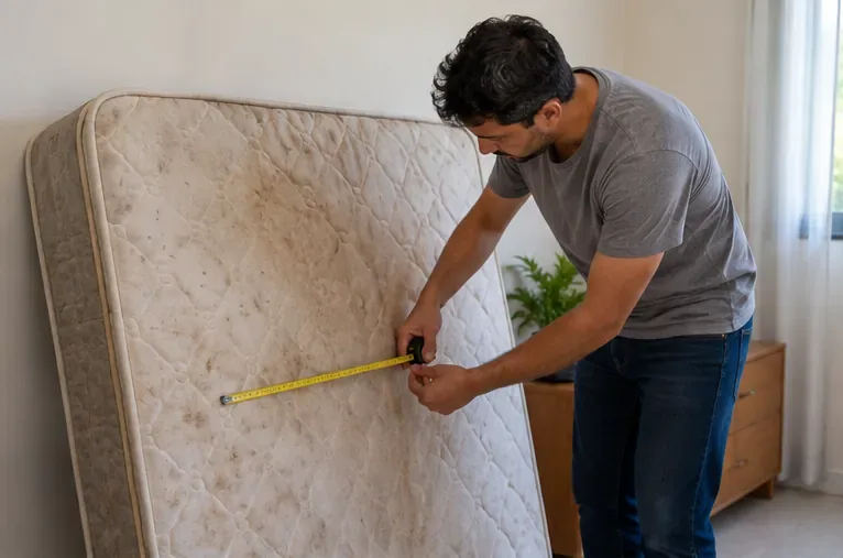 Morador mede um colchão usado dentro de casa antes de planejar o descarte em Recife