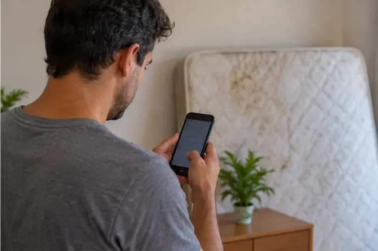 Morador usa o celular ao lado de um colchão para solicitar a coleta de resíduo volumoso