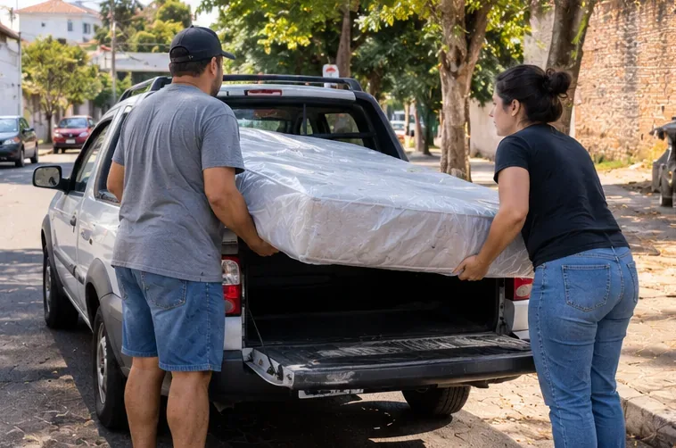 Duas pessoas colocando um colchão protegido na caçamba de uma picape para levá-lo ao ponto de descarte
