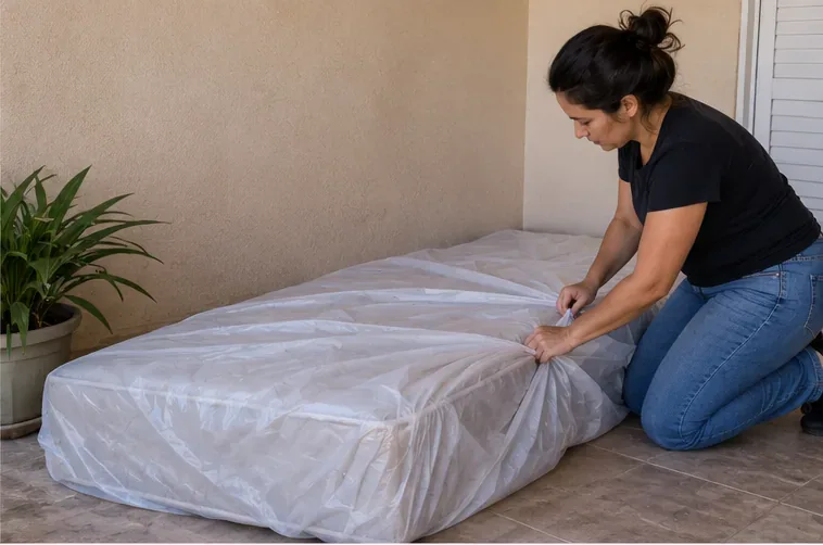 Mulher envolvendo um colchão usado com uma capa plástica transparente antes do transporte