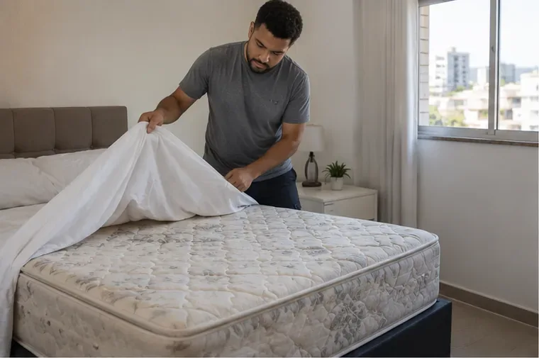 Homem retirando a roupa de cama de um colchão usado em um quarto antes de organizar o descarte