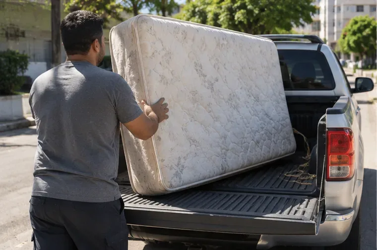 Homem colocando um colchão usado na caçamba de uma caminhonete para transporte