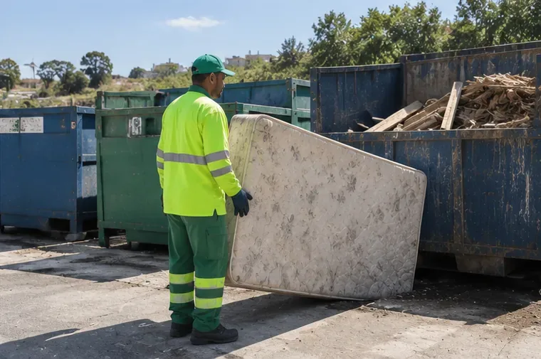 Trabalhador de limpeza urbana recebendo um colchão usado em área de manejo de resíduos volumosos