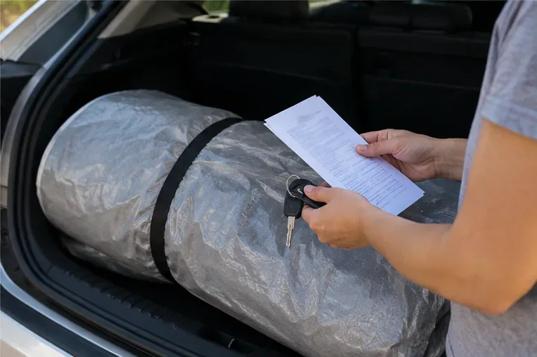 Colchão protegido e preso no compartimento de carga de um veículo, com documentos e chave nas mãos do motorista