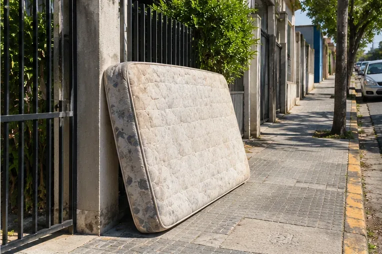 Colchão usado apoiado junto ao limite de um imóvel, deixando uma faixa livre para circulação de pedestres na calçada