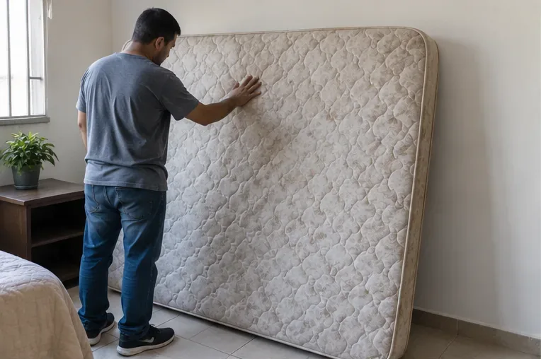 Morador em um quarto posicionando um colchão usado na vertical antes de retirá-lo da residência