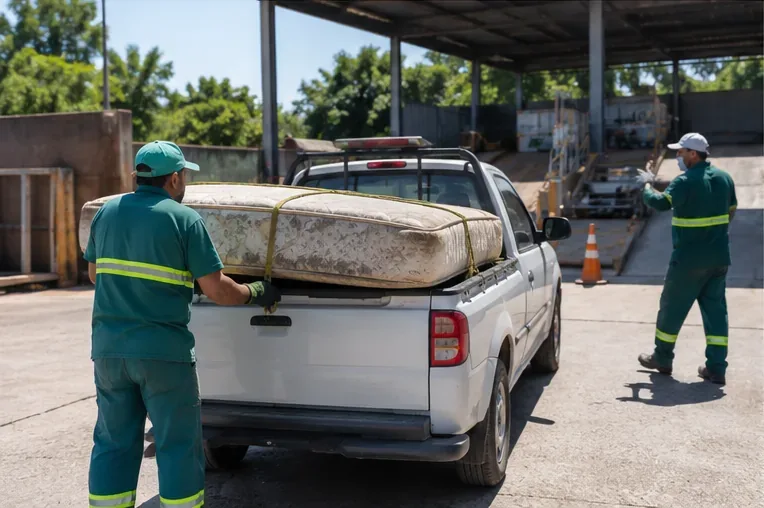 Trabalhadores transportando um colchão usado em uma caminhonete dentro de uma área de recebimento de resíduos