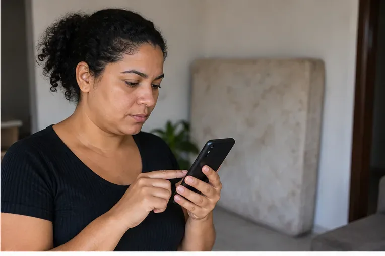 Moradora usando o celular com um colchão usado ao fundo, representando a confirmação do serviço municipal antes do descarte