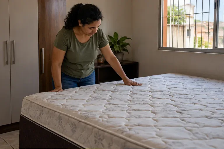Moradora examina um colchão limpo e ainda utilizável dentro de casa