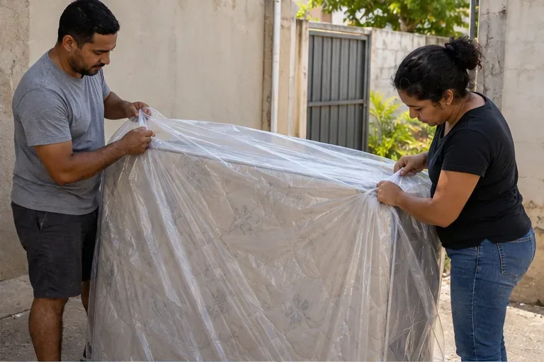Duas pessoas cobrem um colchão usado com uma capa plástica antes do transporte