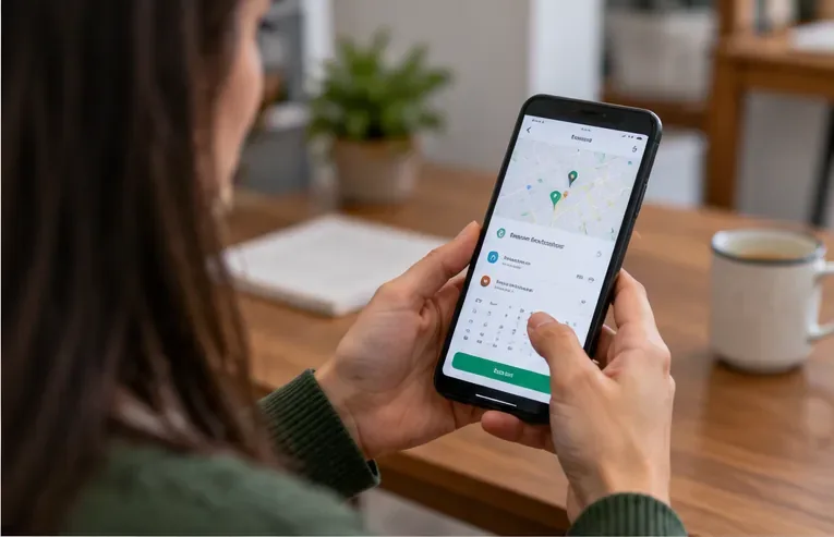 Pessoa consulta no celular um mapa e opções de localização antes de descartar um colchão