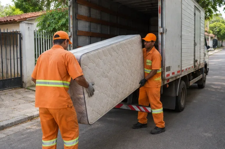 Dois trabalhadores carregam um colchão usado para dentro de um caminhão de coleta em uma rua residencial