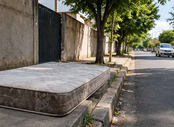 Colchão abandonado sobre a calçada de uma rua residencial, ocupando parte da passagem