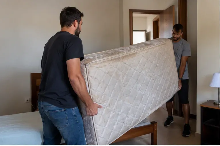 Duas pessoas retirando um colchão usado de um quarto antes do transporte para descarte correto