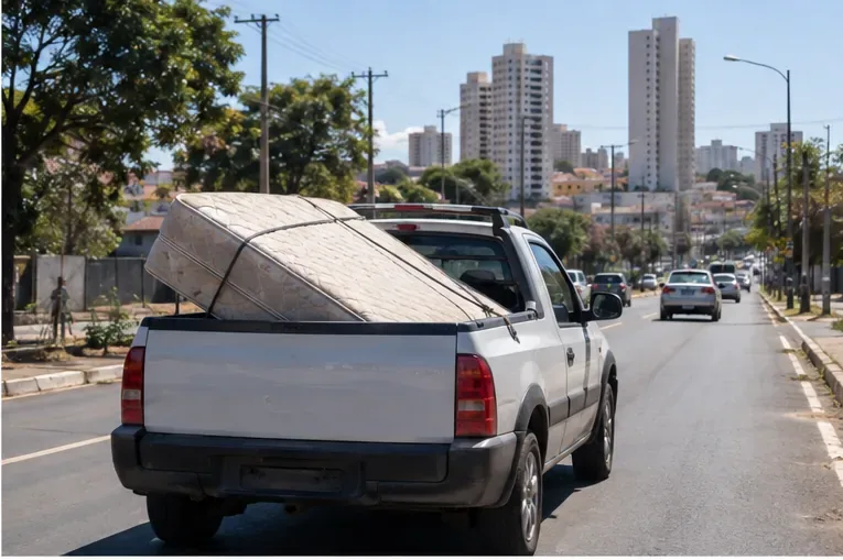 Colchão preso com cordas na carroceria de uma picape para transporte até ponto de descarte