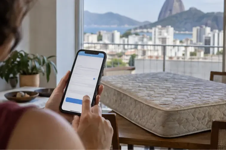 Pessoa usando o celular para preencher uma solicitação de serviço com um colchão ao fundo