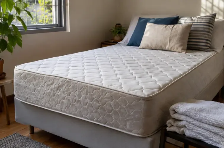 Colchão limpo e bem conservado preparado em um quarto claro para possível doação