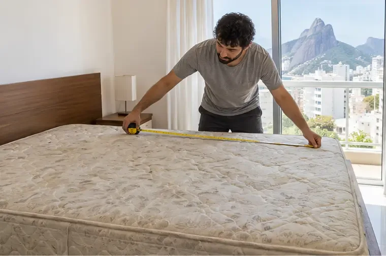 Pessoa medindo um colchão de casal com uma trena em um quarto iluminado