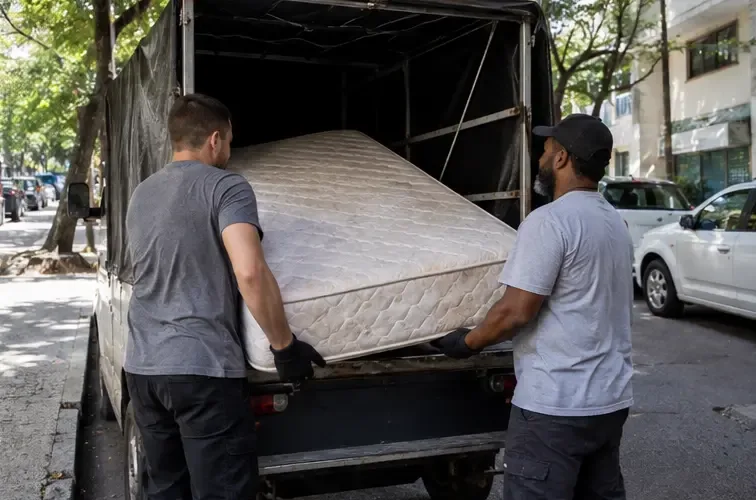Dois trabalhadores carregando um colchão para um veículo de remoção em uma rua arborizada