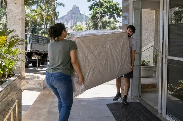 Duas pessoas transportando um colchão protegido pela entrada de um prédio