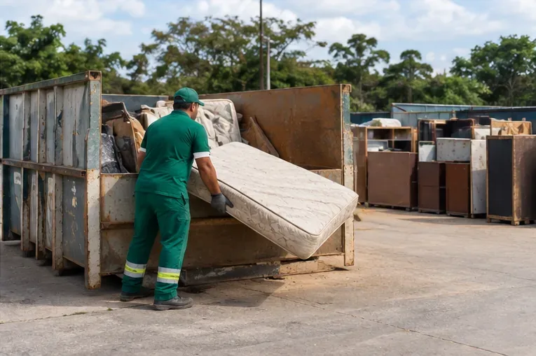 Trabalhador manuseando um colchão em área de recebimento de resíduos volumosos