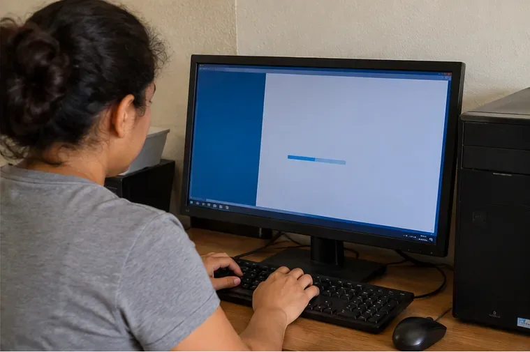 Pessoa diante de um computador de mesa durante um processo de limpeza e redefinição do sistema