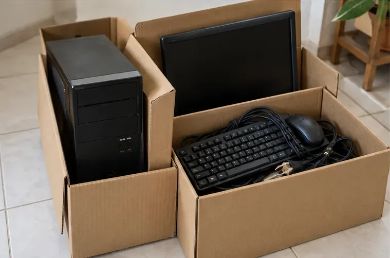 Gabinete, monitor, teclado, mouse e cabos separados em caixas de papelão para transporte