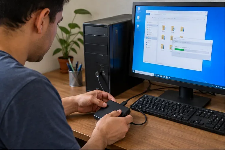 Pessoa fazendo cópia de arquivos de um computador de mesa para uma unidade externa antes do descarte