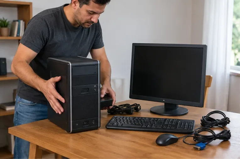 Pessoa separando gabinete, monitor, teclado, mouse e cabos de um computador antigo sobre uma mesa antes do descarte