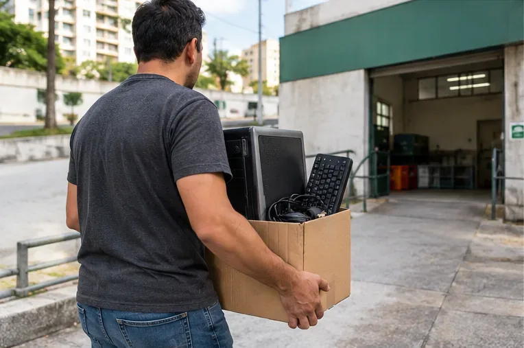 Pessoa carregando uma caixa com gabinete, teclado e cabos em direção a um ponto de recebimento de equipamentos eletrônicos