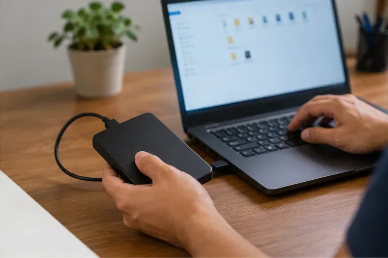 Pessoa fazendo cópia de arquivos de um computador para uma unidade externa antes de entregar o equipamento para descarte