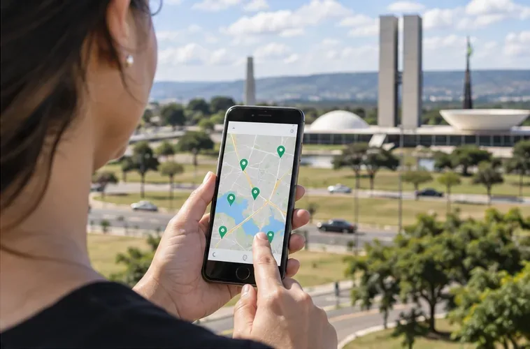 Pessoa consultando no celular um mapa de pontos de coleta de lixo eletrônico em Brasília