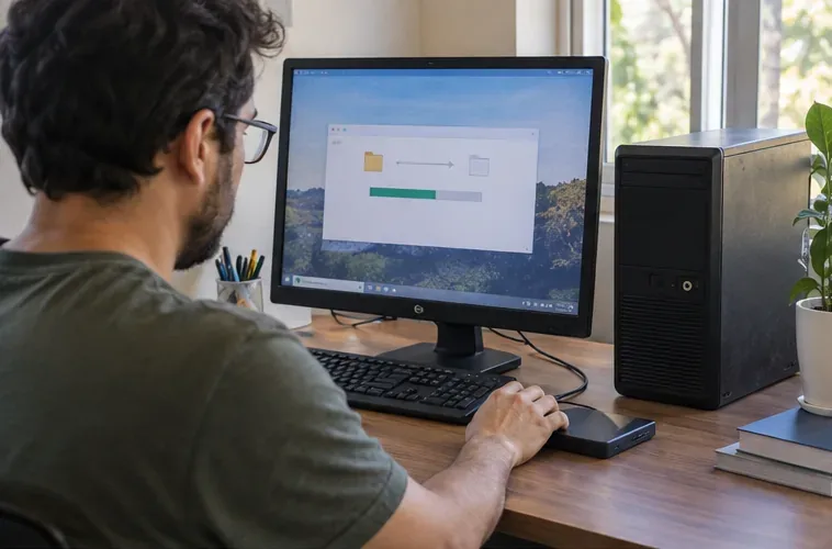Pessoa fazendo backup de arquivos de um computador antigo antes do descarte