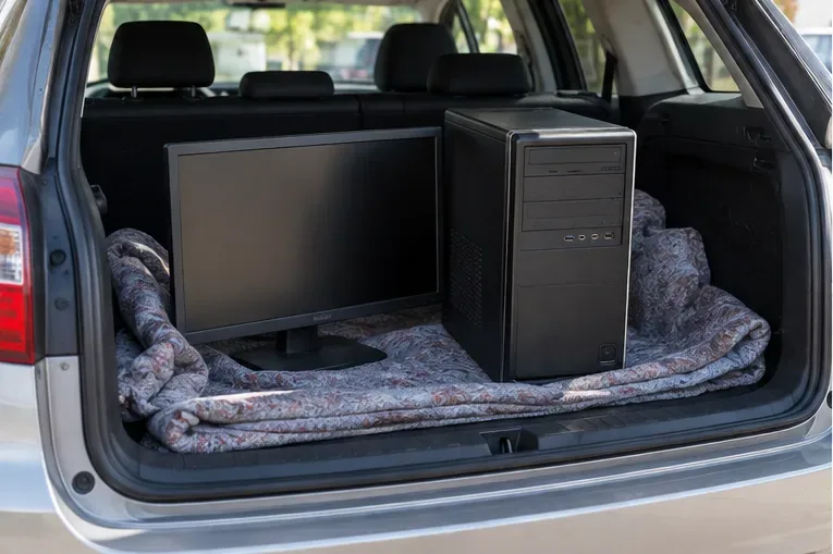 Gabinete e monitor de computador acomodados sobre uma manta no porta-malas de um carro