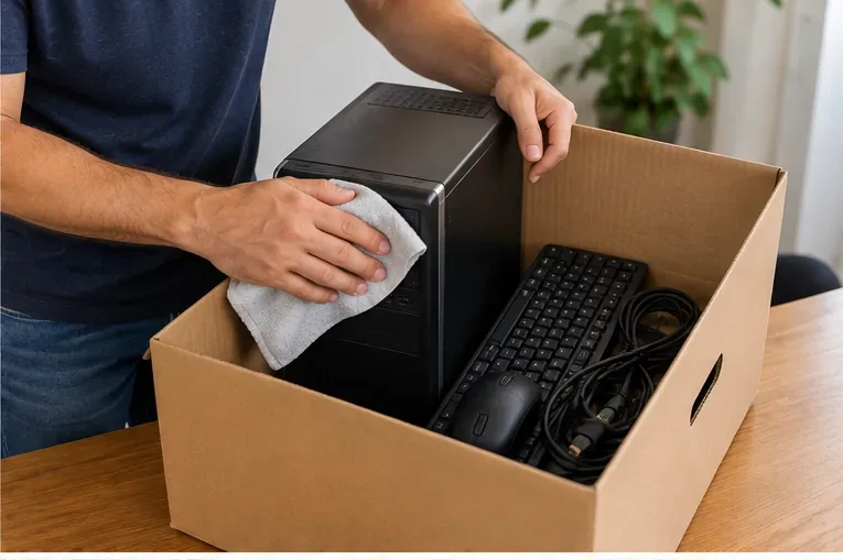 Pessoa acomodando gabinete, teclado, mouse e cabos em uma caixa de papelão para transporte