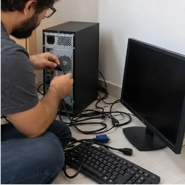 Pessoa desconectando com cuidado os cabos de um computador de mesa e de um monitor