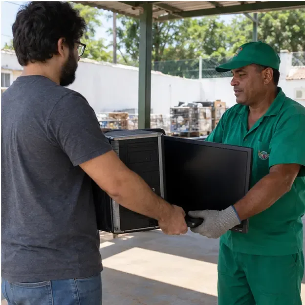 Morador entregando um computador de mesa e um monitor a um trabalhador de coleta em um ponto neutro