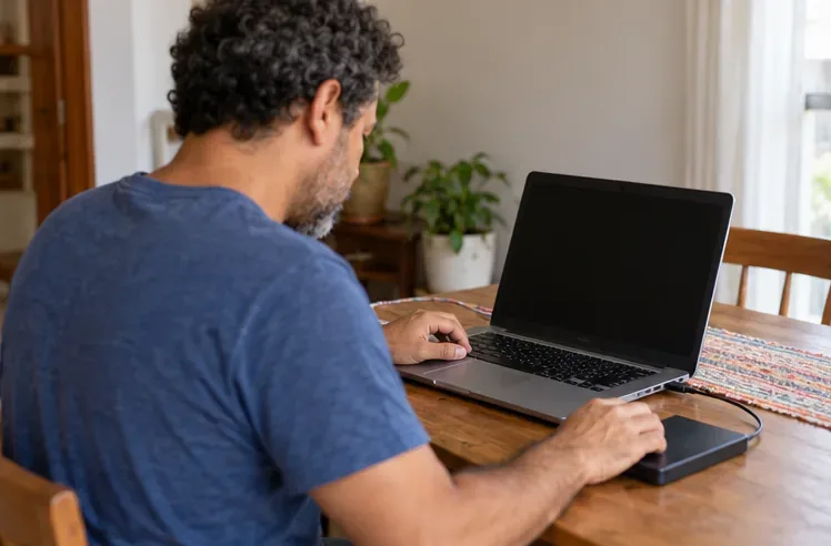 Homem utiliza um notebook ligado a uma unidade externa sobre uma mesa.