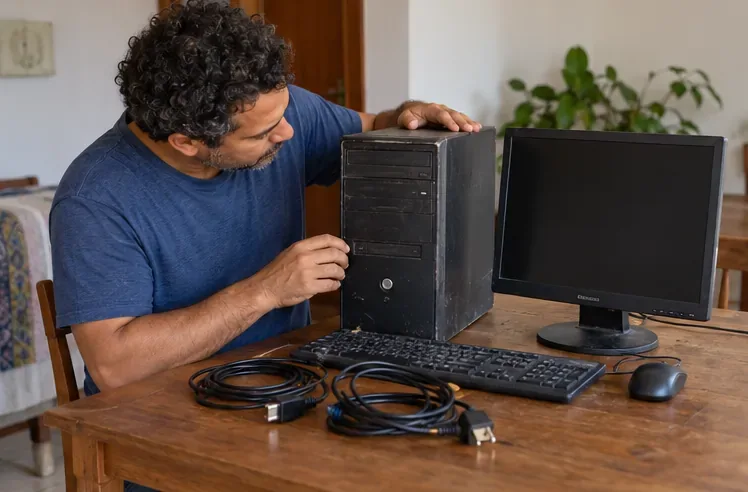 Homem examina um gabinete de computador antigo, monitor, teclado e cabos sobre uma mesa.