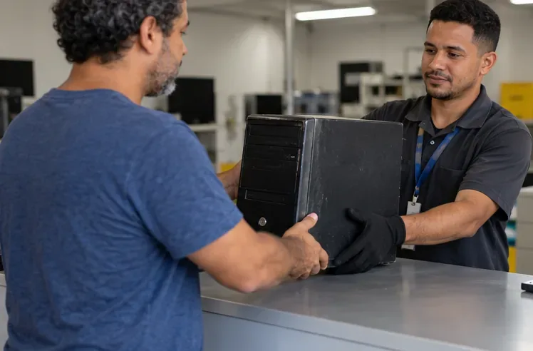 Homem entrega um gabinete de computador desligado a um atendente em um balcão interno.