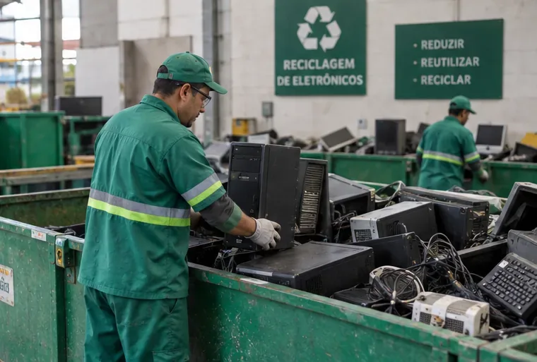 Trabalhadores separando computadores, monitores e cabos em uma área de triagem de resíduos eletrônicos