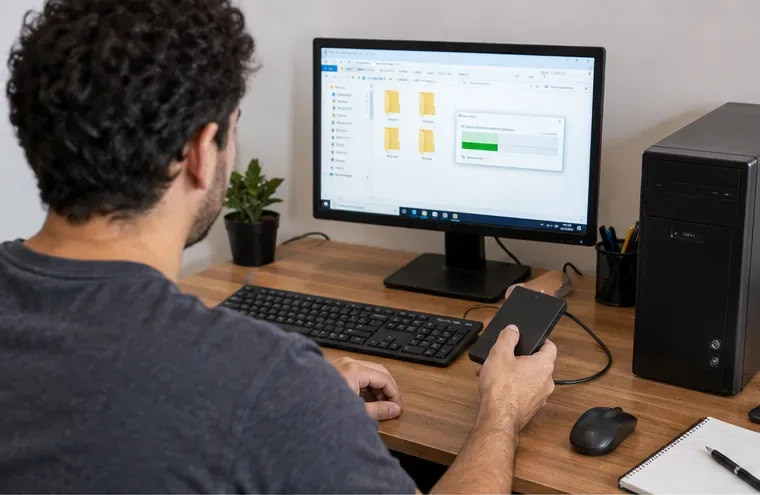 Pessoa fazendo cópia de arquivos de um computador de mesa antes do descarte do equipamento