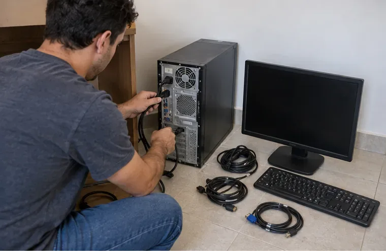 Pessoa desconectando cabos de um computador de mesa com monitor, teclado e acessórios separados para transporte