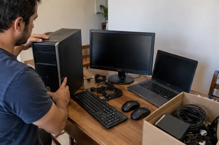 Pessoa separando um gabinete, monitor, notebook, teclado, mouse e cabos sobre uma mesa para avaliar quais equipamentos ainda podem ser reutilizados